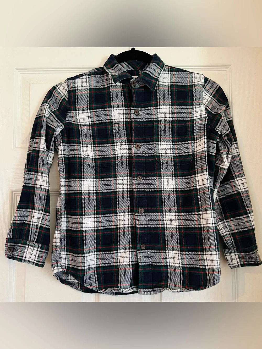 GAP Kids Green & Navy Plaid Button-Down Flannel Cotton Shirt, Size S